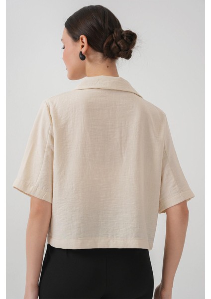 Crop Keten Ceket - M. Krem