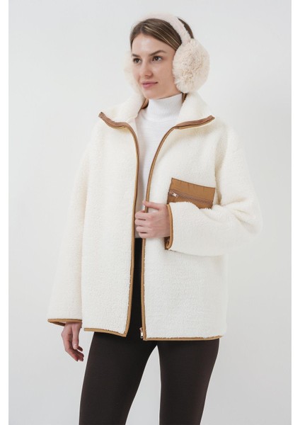 Fermuarlı Oversize Peluş Ceket Mont - Camel