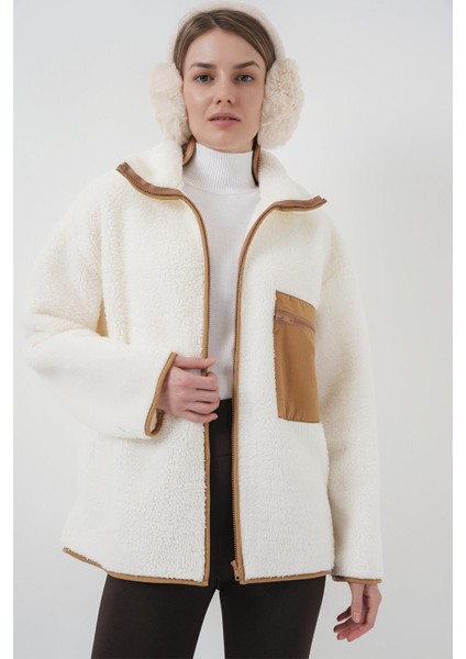 Fermuarlı Oversize Peluş Ceket Mont - Camel