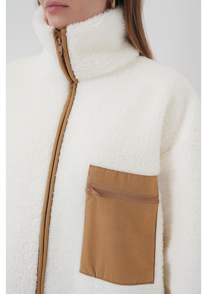 Fermuarlı Oversize Peluş Ceket Mont - Camel