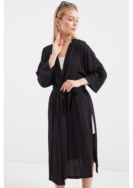 Yırtmaçlı Yazlık Kimono - Siyah