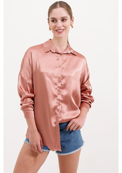 Oversize Saten Gömlek - Camel