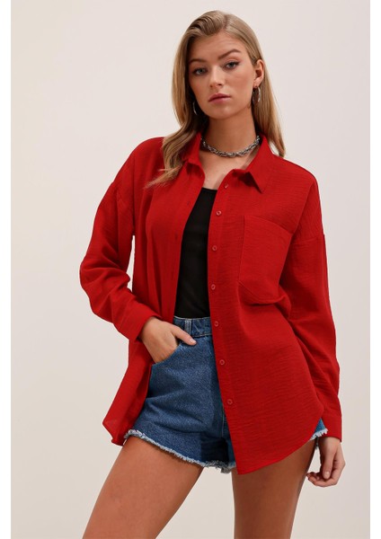 Tek Cepli Oversize Keten Gömlek - Kırmızı