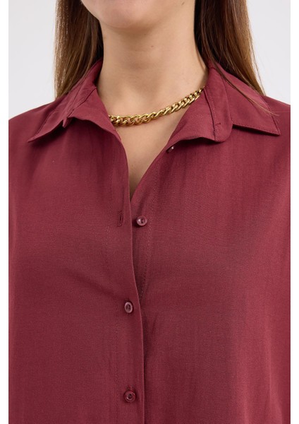 Kadın Oversize Mürdüm Uzun Basic Gömlek