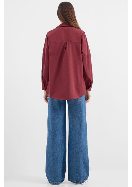 Kadın Oversize Mürdüm Uzun Basic Gömlek