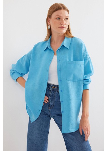 Tek Cepli Oversize Keten Gömlek - Açık Mavi
