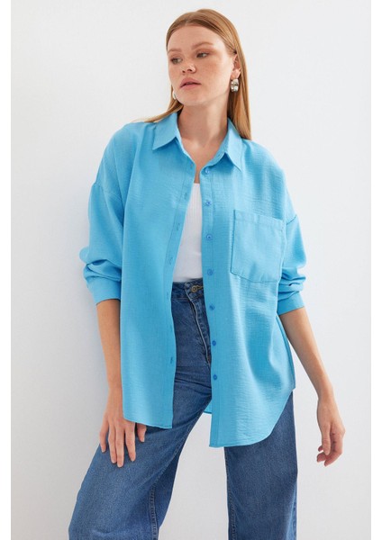 Tek Cepli Oversize Keten Gömlek - Açık Mavi