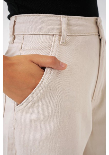 Yüksek Bel Kot Pantolon - Ekru