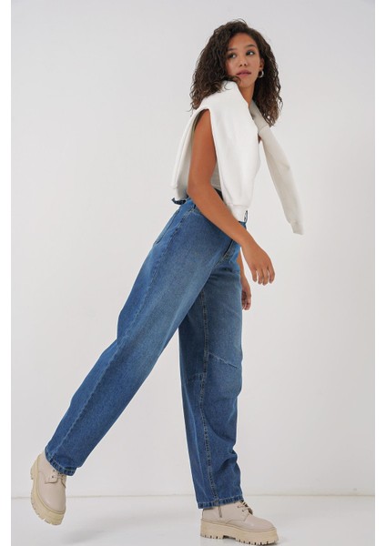 Kadın Yüksek Bel Baggy Kot Pantolon - Lacivert