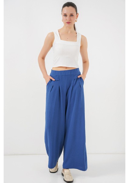 Kadın Geniş Paça Pileli Pantolon - Indigo