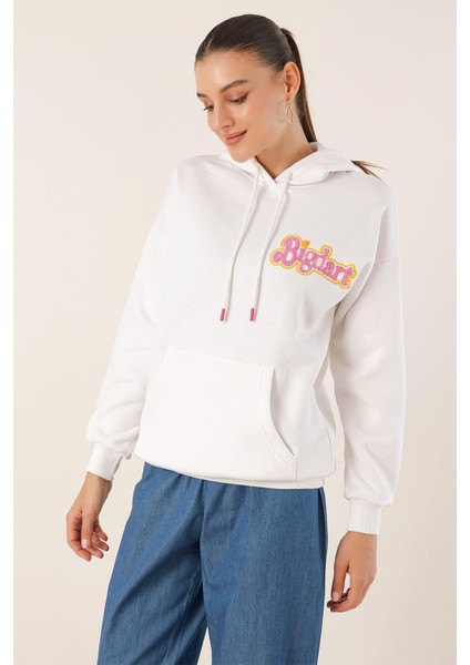 Nakışlı Oversize Sweatshirt - Beyaz