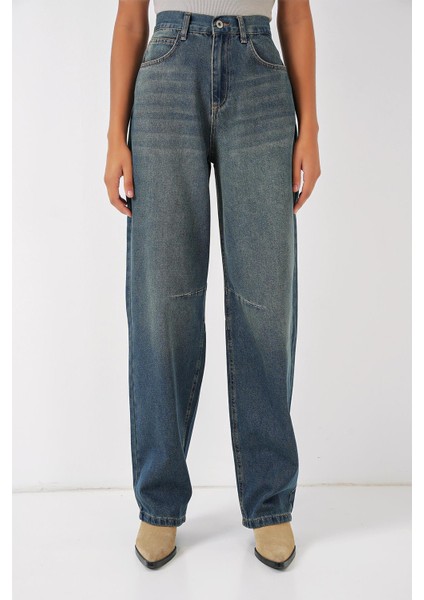 Kadın Yüksek Bel Baggy Kot Pantolon - Indigo