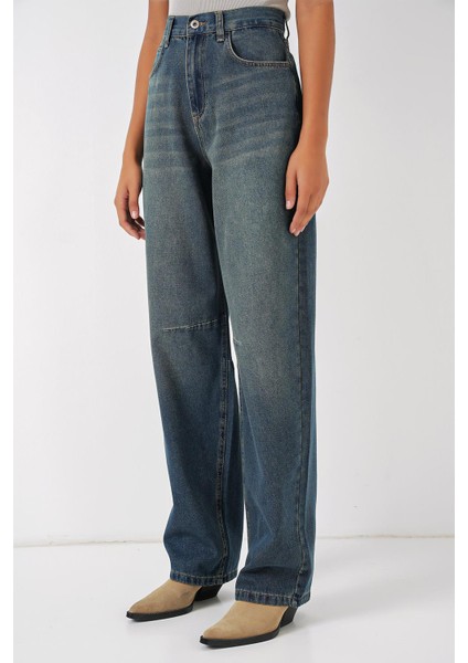 Kadın Yüksek Bel Baggy Kot Pantolon - Indigo