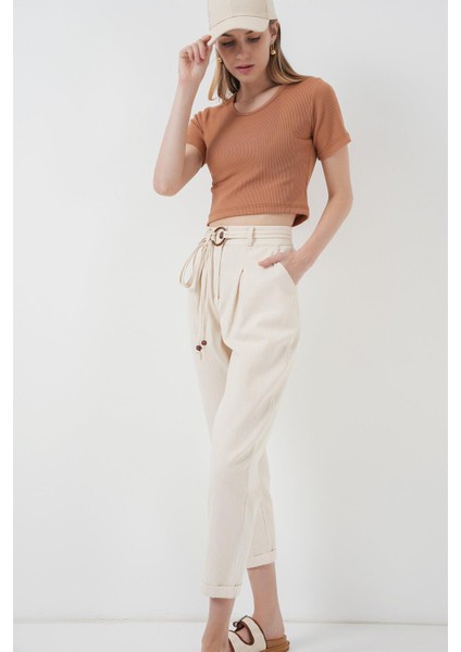 Kemerli Keten Pantolon - Krem