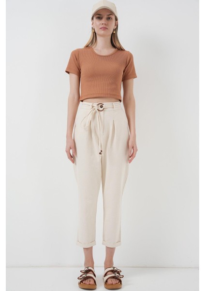Kemerli Keten Pantolon - Krem