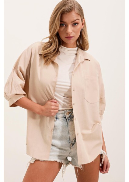 Oversize Kısa Kol Basic Gömlek - Krem