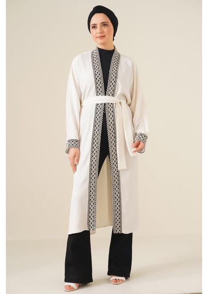Nakışlı Örme Uzun Kimono - Beyaz