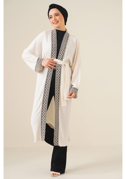 Nakışlı Örme Uzun Kimono - Beyaz