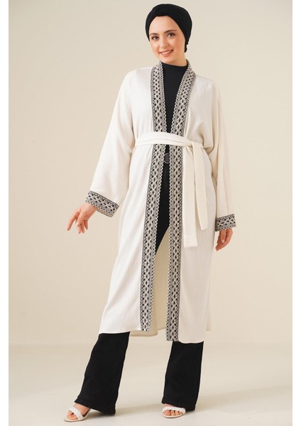 Nakışlı Örme Uzun Kimono - Beyaz