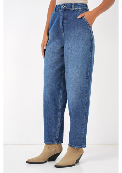 Kadın Yüksek Bel Baggy Kot Pantolon - Lacivert