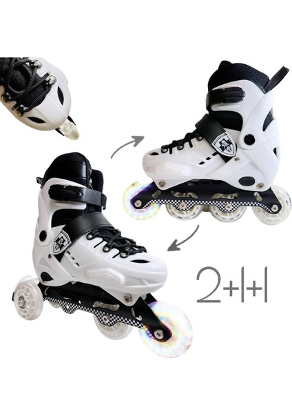 Beyaz Işıklı Teker Ayarlanabilir Çocuk Alıştırma Paten 2 Fonksiyon Kask Koruyucu Set