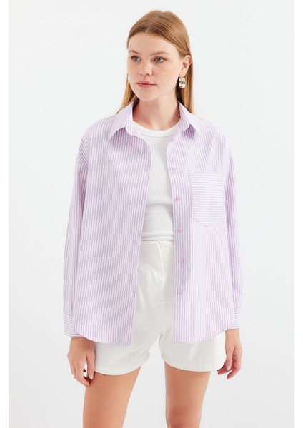 Tek Cepli Çizgili Oversize Gömlek - Pembe
