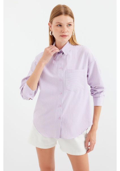 Tek Cepli Çizgili Oversize Gömlek - Pembe