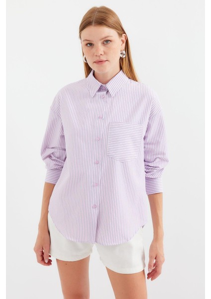 Tek Cepli Çizgili Oversize Gömlek - Pembe
