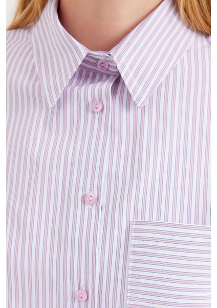 Tek Cepli Çizgili Oversize Gömlek - Pembe