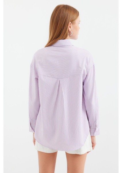 Tek Cepli Çizgili Oversize Gömlek - Pembe