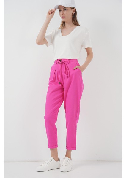 Kemerli Keten Pantolon - Fuşya modelleri