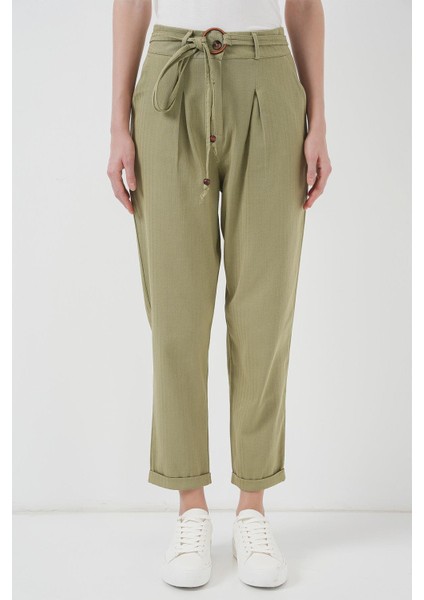 Kemerli Keten Pantolon - Haki