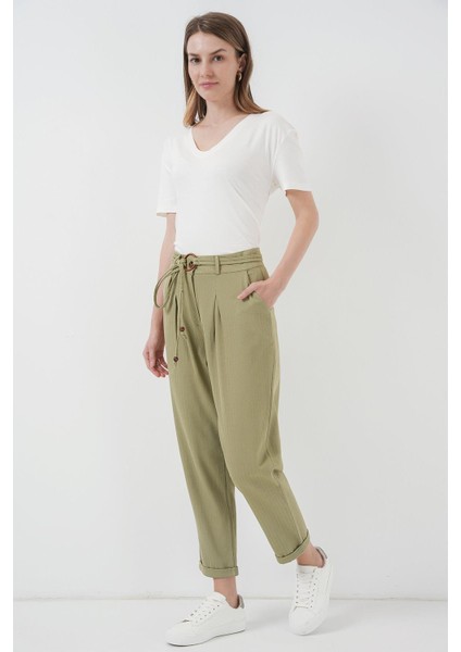Kemerli Keten Pantolon - Haki