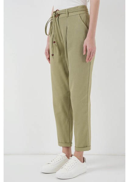 Kemerli Keten Pantolon - Haki