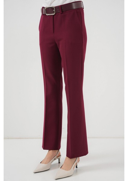 Kemerli Ispanyol Paça Pantolon - Bordo