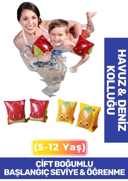 Meyve Desenli Başlangıç Seviye Çift Boğumlu 5-12 Yaş Çocuk Deniz Havuz Yüzme Öğrenme Şişme Kolluğu