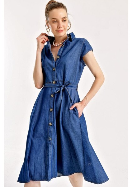 Boydan Düğmeli Kuşaklı Kot Elbise - Lacivert fiyatları