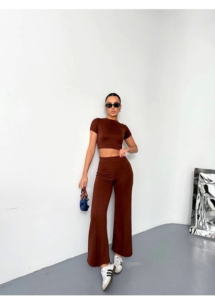 Osy Modal Yumuşak Dokulu Kumaş Kısa Kollu Crop Alt Ispanyol Paça Pantalon Ikili Takım - Kahverengi