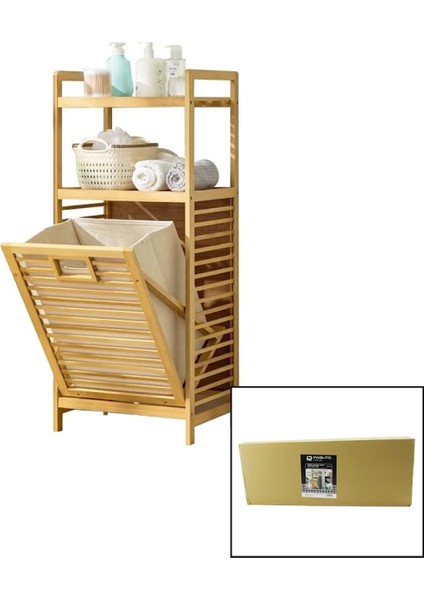 2 Raflı - Ahşap Bambu Kirli Çamaşır Çek Aç Sepeti SPT=40X30X53CM RAF=31CM+53+11=Y=95CM (4887)