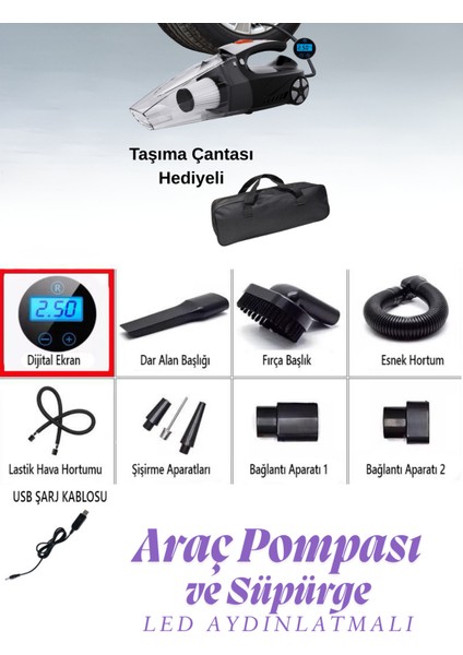 Araç Süpürgesi ve Araç Lastik Şişirme Pompası - Hava Kompresörü - Dijital Ekranlı - Şarjlı (Taşıma Çantası Hediyeli) fırsatları