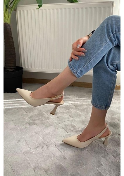 Kadın Motto Kıren Cilt Sivri Burun Arkası Acık 8 cm Topuklu Ayakkabı