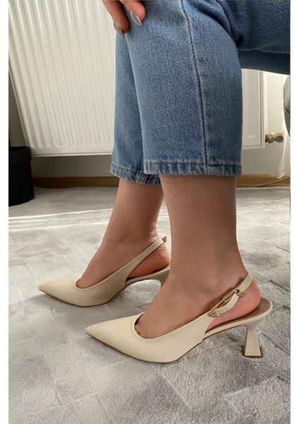 Kadın Motto Kıren Cilt Sivri Burun Arkası Acık 8 cm Topuklu Ayakkabı