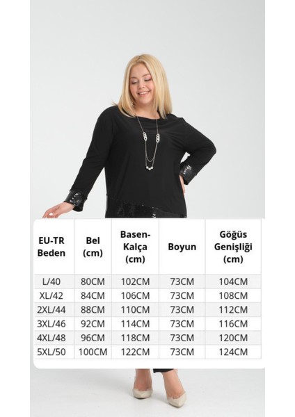 Kadın Siyah Büyük Beden Pulpayet Detaylı Üstü Kolye Aksesuar Bluz