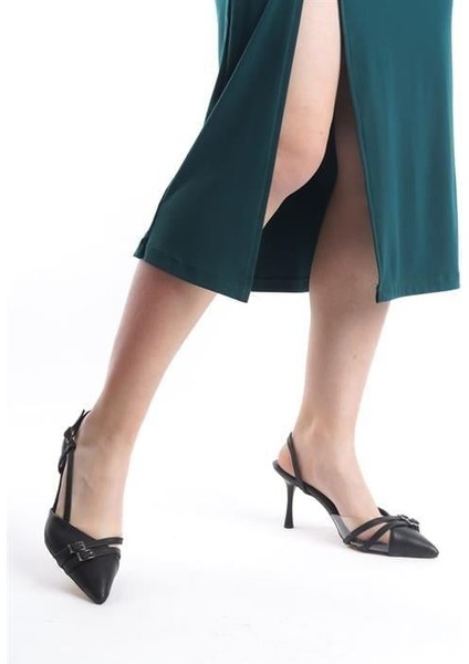 Kadın Arina Siyah Cilt 9 cm Ince Topuklu Sivri Burunlu Yanları Acık Stiletto