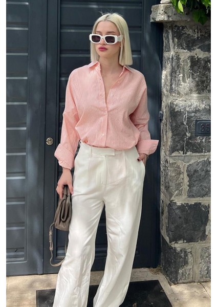Kadın Oversize Çizgili Keten Karışımlı Gömlek