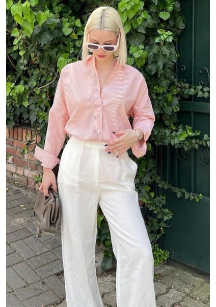 Kadın Oversize Çizgili Keten Karışımlı Gömlek