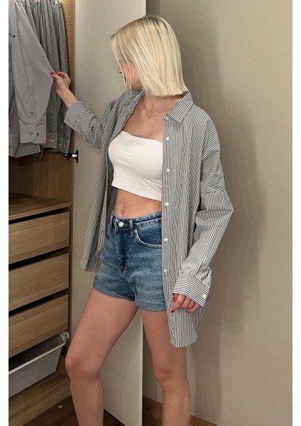 Kadın Oversize Çizgili Keten Karışımlı Gömlek