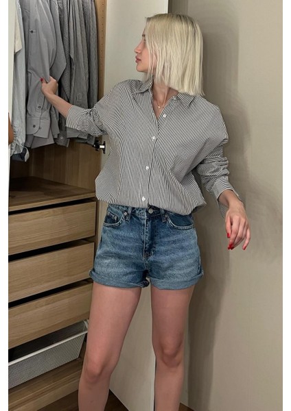 Kadın Oversize Çizgili Keten Karışımlı Gömlek