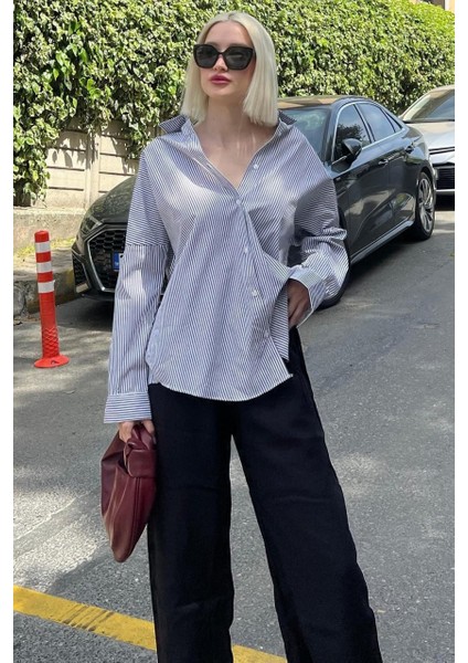 Kadın Oversize Çizgili Keten Karışımlı Gömlek