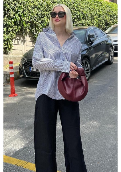 Kadın Oversize Çizgili Keten Karışımlı Gömlek